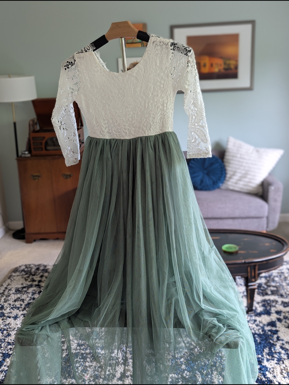 Girls' White Lace Bodice & Sage Green Tulle Dress
